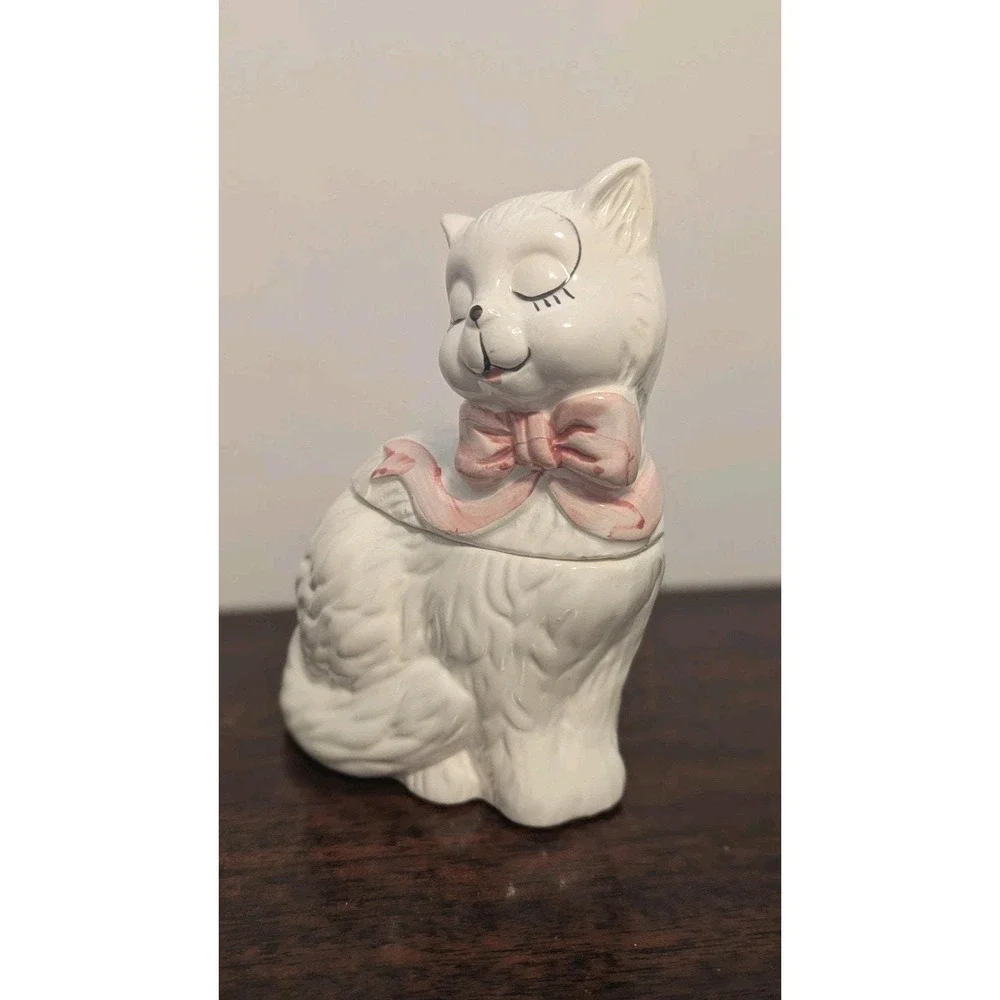 Vintage Ceramic Cat Sugar Bowl With Lid MCM White Pink Bow Novelty 5in